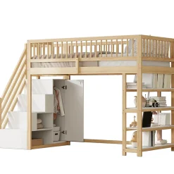 Lit Mezzanine 90x200 cm - Lit Simple avec Escalier Sécurisé, Armoire et Étagères de Rangement, Sans Matelas - Naturel