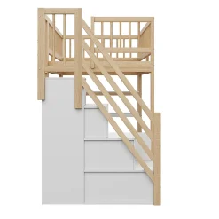 Lit Mezzanine 90x200 cm - Lit Simple avec Escalier Sécurisé, Armoire et Étagères de Rangement, Sans Matelas - Naturel