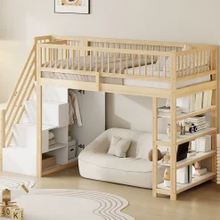Lit Mezzanine 90x200 cm - Lit Simple avec Escalier Sécurisé, Armoire et Étagères de Rangement, Sans Matelas - Naturel