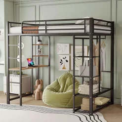 Lit mezzanine 90x200 cm - Lit simple avec étagères de rangement et échelle pratique - Table intégrée - Sans matelas - Noir