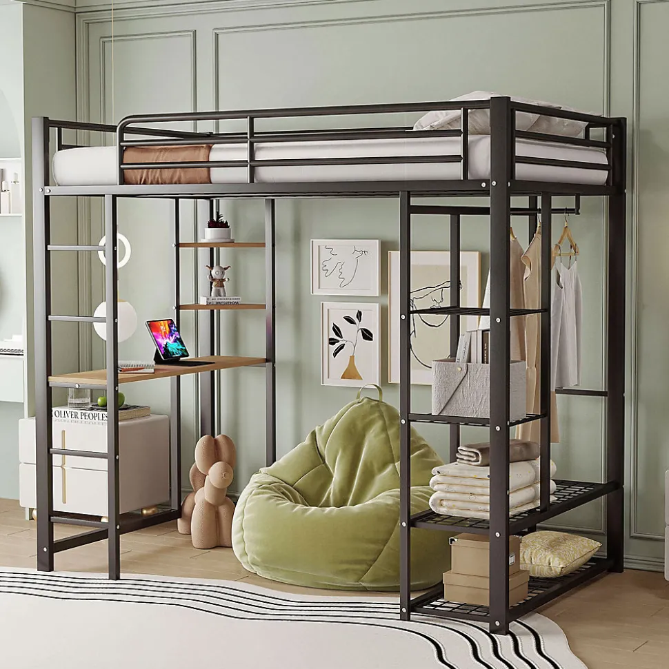 Lit mezzanine 90x200 cm - Lit simple avec étagères de rangement et échelle pratique - Table intégrée - Sans matelas - Noir