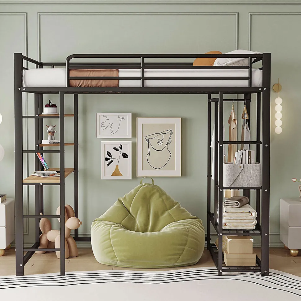 Lit mezzanine 90x200 cm - Lit simple avec étagères de rangement et échelle pratique - Table intégrée - Sans matelas - Noir