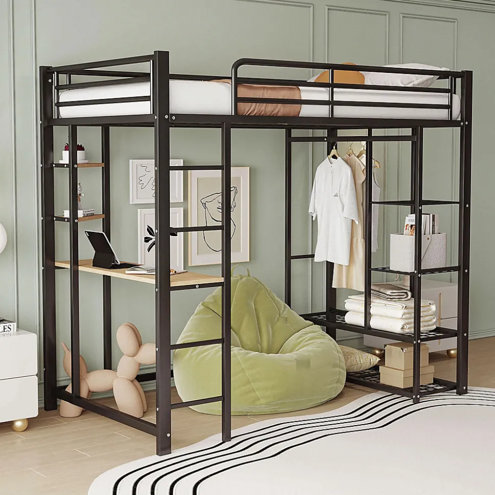 Lit mezzanine 90x200 cm - Lit simple avec étagères de rangement et échelle pratique - Table intégrée - Sans matelas - Noir