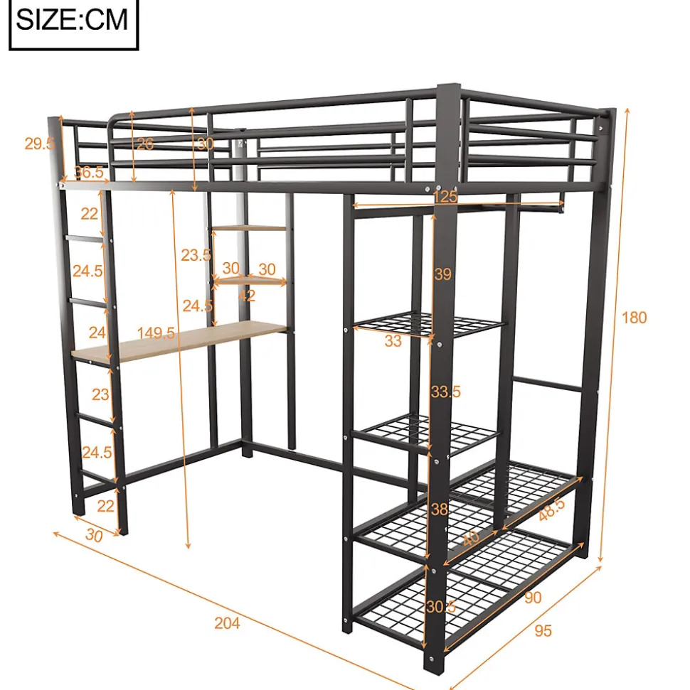 Lit mezzanine 90x200 cm - Lit simple avec étagères de rangement et échelle pratique - Table intégrée - Sans matelas - Noir