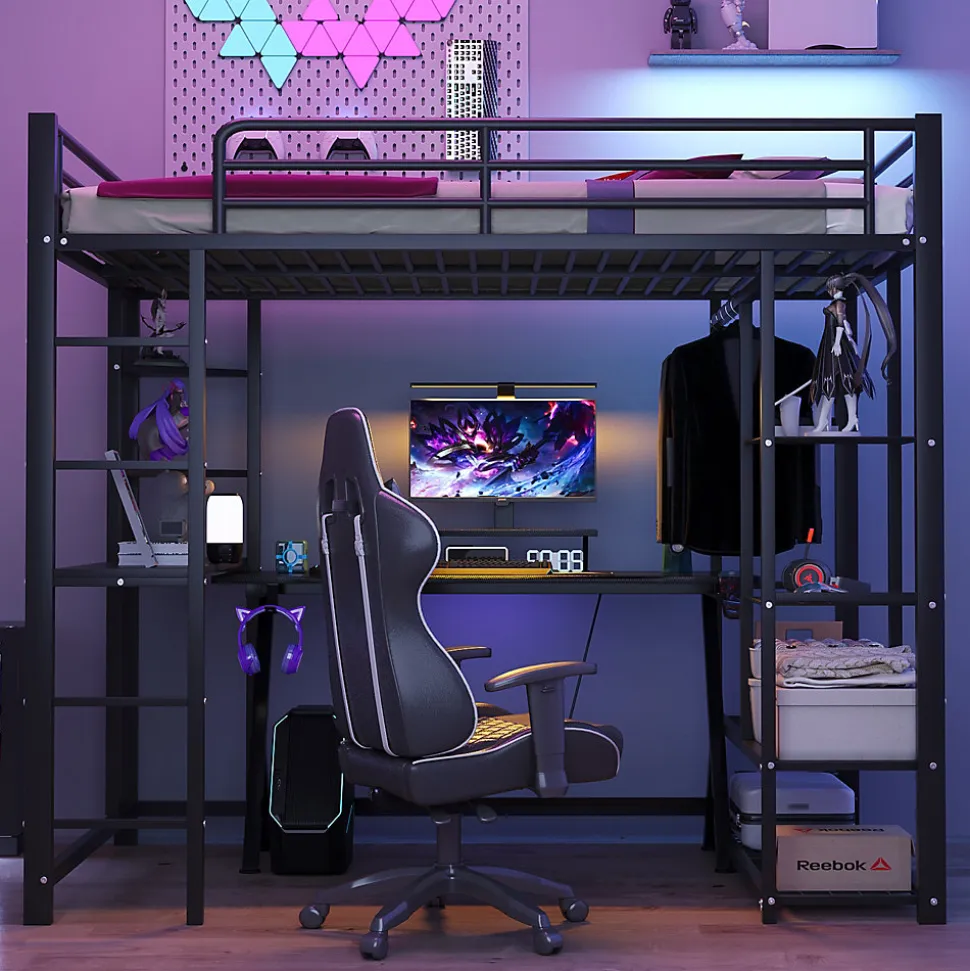 Lit mezzanine 90x200 cm - Lit simple avec étagères de rangement et échelle pratique - Table intégrée - Sans matelas - Noir