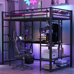 Lit mezzanine 90x200 cm - Lit simple avec étagères de rangement et échelle pratique - Table intégrée - Sans matelas - Noir