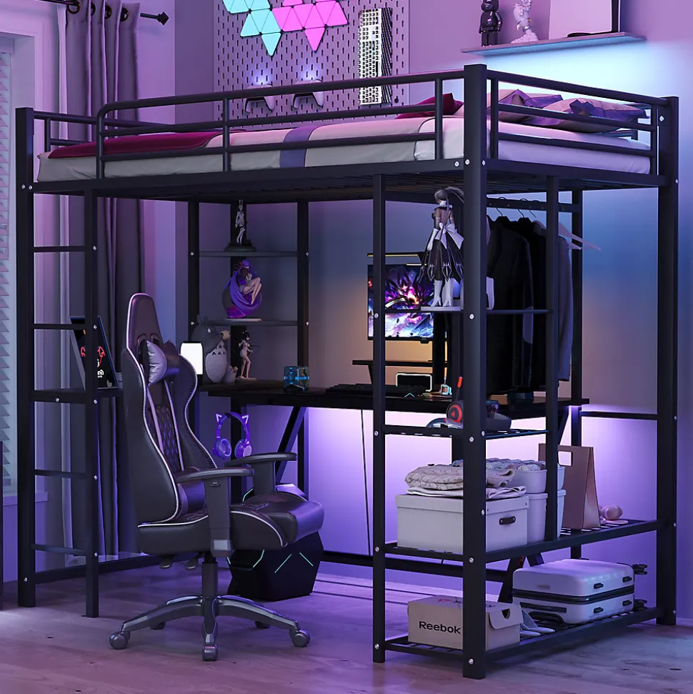 Lit mezzanine 90x200 cm - Lit simple avec étagères de rangement et échelle pratique - Table intégrée - Sans matelas - Noir