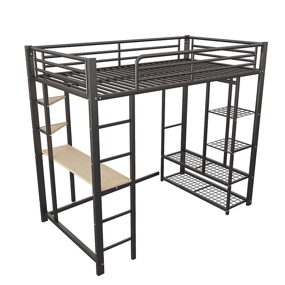 Lit mezzanine 90x200 cm - Lit simple avec étagères de rangement et échelle pratique - Table intégrée - Sans matelas - Noir