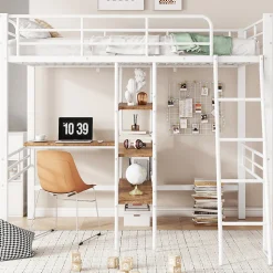Lit Mezzanine 90x200 cm - Lit Simple avec Bureau en L, Échelle et Garde-Corps, Sans Matelas - Métal, Blanc