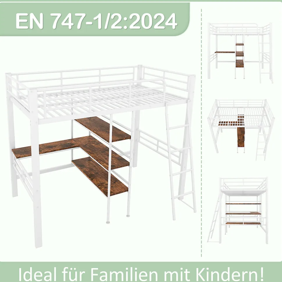 Lit Mezzanine 90x200 cm - Lit Simple avec Bureau en L, Échelle et Garde-Corps, Sans Matelas - Métal, Blanc