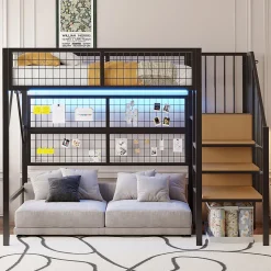 Lit mezzanine 90x200 cm - Lit simple déco avec éclairage LED et rangement sous lit - Armoire ouverte en MDF et métal - Noir