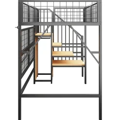 Lit mezzanine 90x200 cm - Lit simple déco avec éclairage LED et rangement sous lit - Armoire ouverte en MDF et métal - Noir