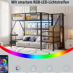 Lit mezzanine 90x200 cm - Lit simple déco avec éclairage LED et rangement sous lit - Armoire ouverte en MDF et métal - Noir