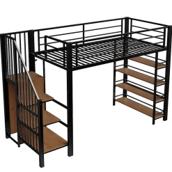 Lit Mezzanine 90x200 cm - Lit Simple avec Escalier Sécurisé et Rangement Intégré, Structure Métal et MDF, Sans Matelas - Noir