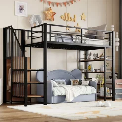 Lit Mezzanine 90x200 cm - Lit Simple avec Escalier Sécurisé et Rangement Intégré, Structure Métal et MDF, Sans Matelas - Noir