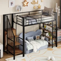 Lit Mezzanine 90x200 cm - Lit Simple avec Escalier Sécurisé et Rangement Intégré, Structure Métal et MDF, Sans Matelas - Noir