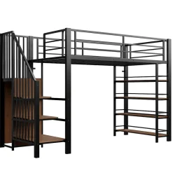 Lit Mezzanine 90x200 cm - Lit Simple avec Escalier Sécurisé et Rangement Intégré, Structure Métal et MDF, Sans Matelas - Noir