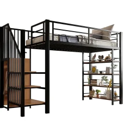 Lit Mezzanine 90x200 cm - Lit Simple avec Escalier Sécurisé et Rangement Intégré, Structure Métal et MDF, Sans Matelas - Noir