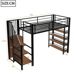 Lit Mezzanine 90x200 cm - Lit Simple avec Escalier Sécurisé et Rangement Intégré, Structure Métal et MDF, Sans Matelas - Noir