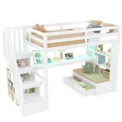 Lit Mezzanine 90x200 cm - Lit Simple avec Bureau et Étagères, LED Intégrée, sans Matelas - MDF Blanc