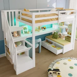 Lit Mezzanine 90x200 cm - Lit Simple avec Bureau et Étagères, LED Intégrée, sans Matelas - MDF Blanc