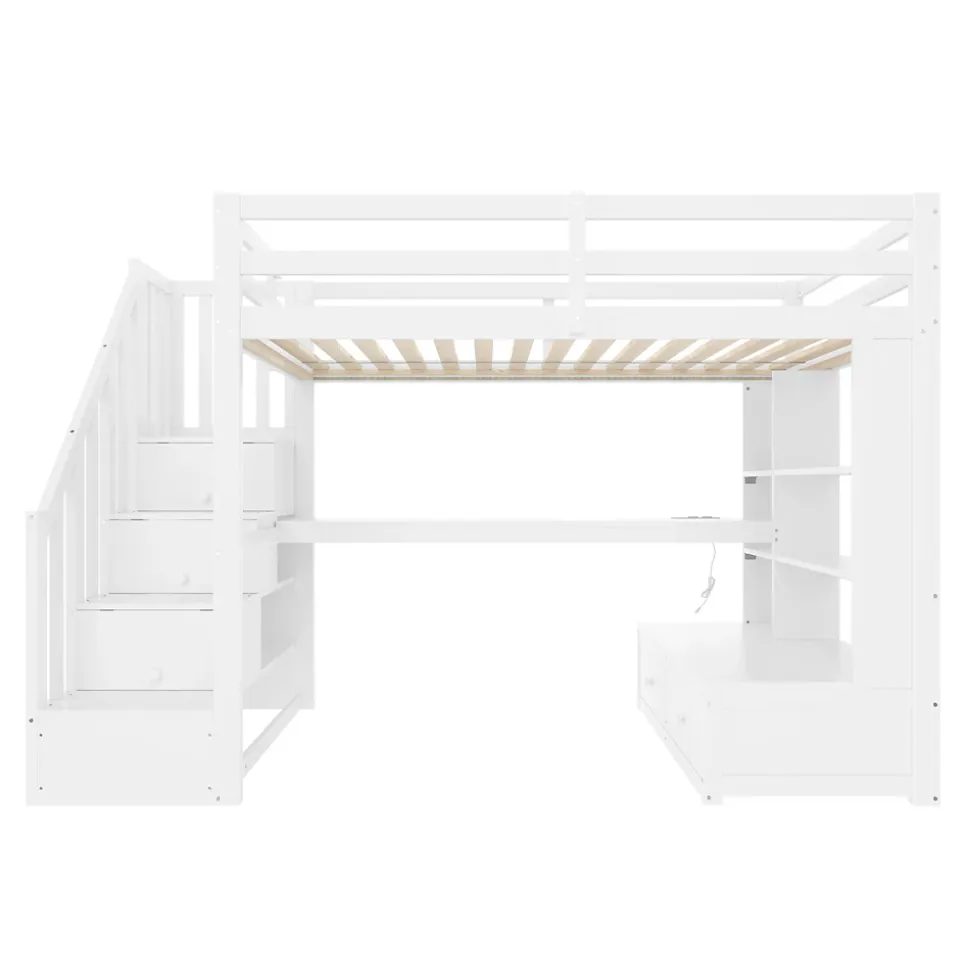 Lit Mezzanine 90x200 cm - Lit Simple avec Bureau et Étagères, LED Intégrée, sans Matelas - MDF Blanc