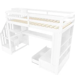 Lit Mezzanine 90x200 cm - Lit Simple avec Bureau et Étagères, LED Intégrée, sans Matelas - MDF Blanc