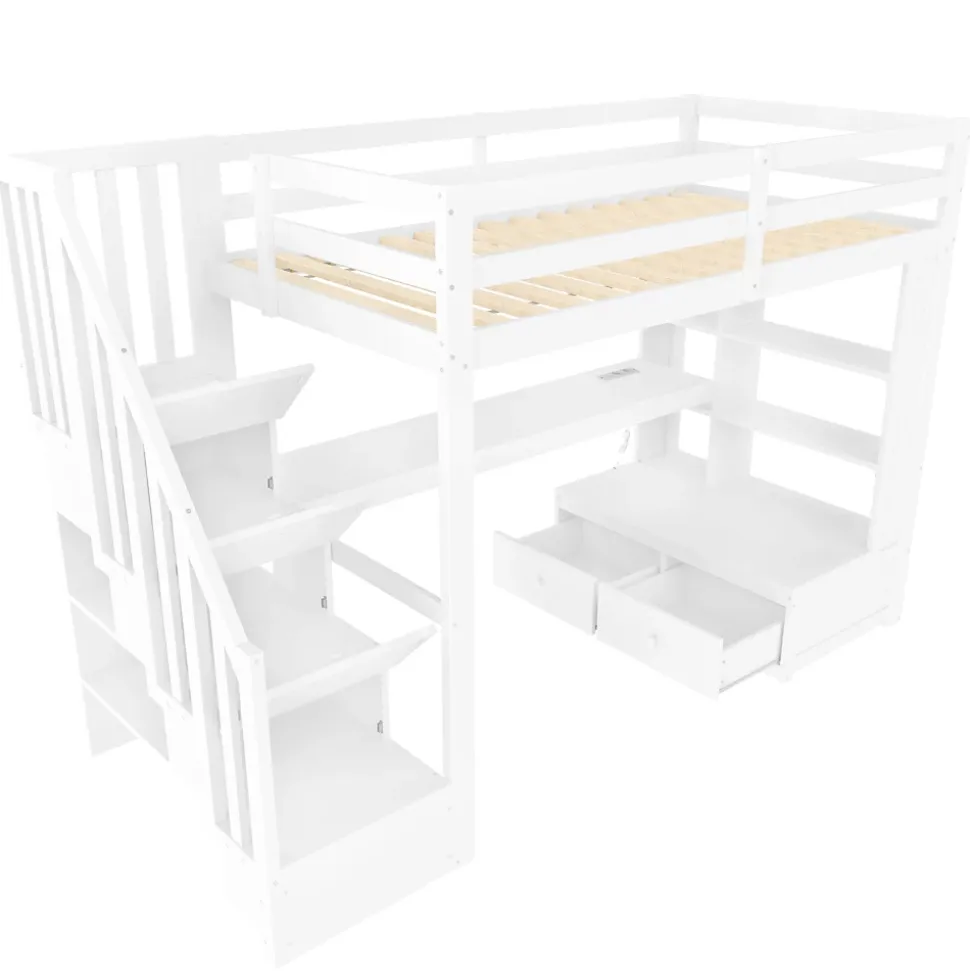 Lit Mezzanine 90x200 cm - Lit Simple avec Bureau et Étagères, LED Intégrée, sans Matelas - MDF Blanc