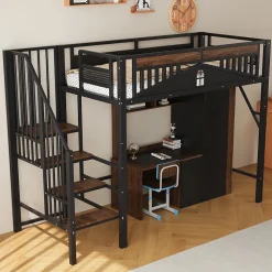 Lit Mezzanine 90x200 cm - Lit Simple avec Barrières de Sécurité et Échelle, Sans Matelas - Métal et Bois Noir