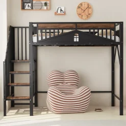 Lit Mezzanine 90x200 cm - Lit Simple avec Barrières de Sécurité et Échelle, Sans Matelas - Métal et Bois Noir