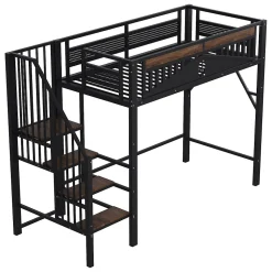 Lit Mezzanine 90x200 cm - Lit Simple avec Barrières de Sécurité et Échelle, Sans Matelas - Métal et Bois Noir
