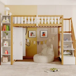 Lit Mezzanine 90x200 cm - Lit Simple avec Escalier Sécurisé, Armoire et Étagères de Rangement, Pin et MDF, Blanc et Bois Naturel