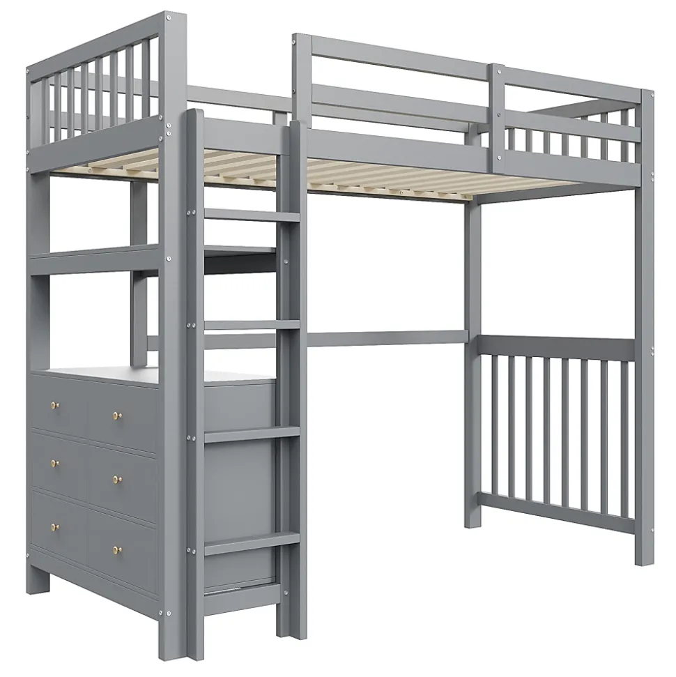 Lit Mezzanine 90x200 cm - Lit Simple avec Échelle Verticale, Tiroirs et Étagères de Rangement, Sans Matelas - Gris