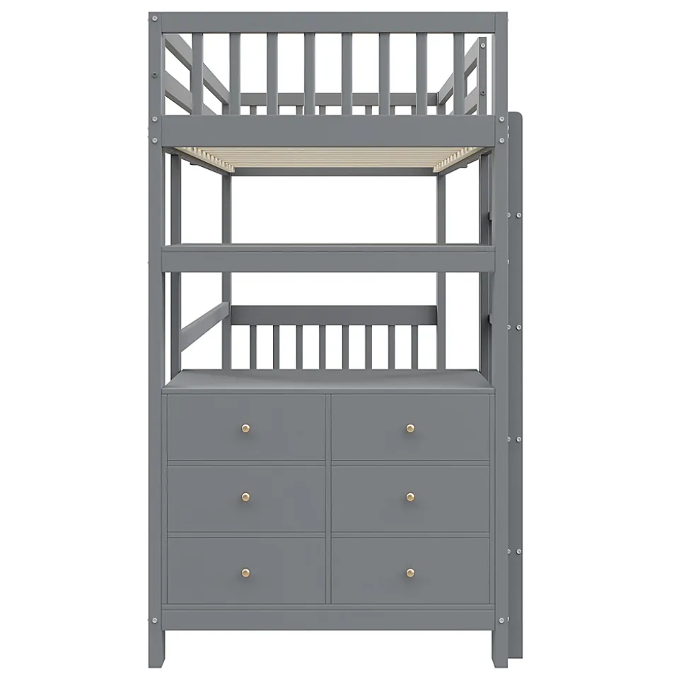 Lit Mezzanine 90x200 cm - Lit Simple avec Échelle Verticale, Tiroirs et Étagères de Rangement, Sans Matelas - Gris