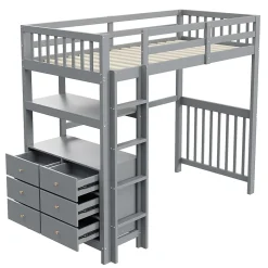 Lit Mezzanine 90x200 cm - Lit Simple avec Échelle Verticale, Tiroirs et Étagères de Rangement, Sans Matelas - Gris