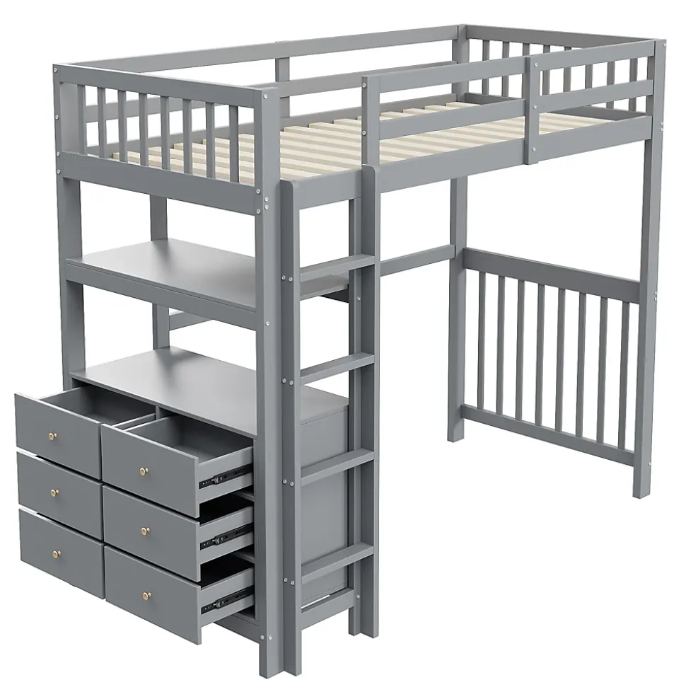 Lit Mezzanine 90x200 cm - Lit Simple avec Échelle Verticale, Tiroirs et Étagères de Rangement, Sans Matelas - Gris