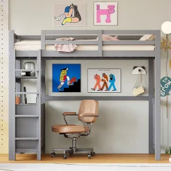 Lit Mezzanine 90x200 cm - Lit Simple avec Échelle Verticale, Tiroirs et Étagères de Rangement, Sans Matelas - Gris