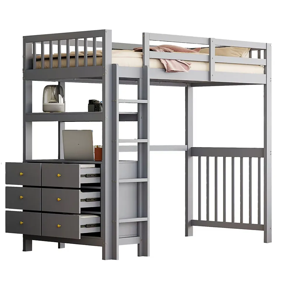 Lit Mezzanine 90x200 cm - Lit Simple avec Échelle Verticale, Tiroirs et Étagères de Rangement, Sans Matelas - Gris