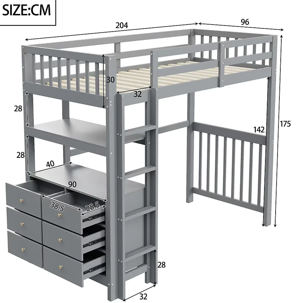 Lit Mezzanine 90x200 cm - Lit Simple avec Échelle Verticale, Tiroirs et Étagères de Rangement, Sans Matelas - Gris