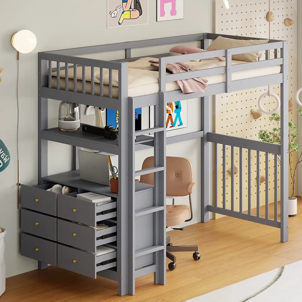 Lit Mezzanine 90x200 cm - Lit Simple avec Échelle Verticale, Tiroirs et Étagères de Rangement, Sans Matelas - Gris