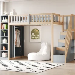 Lit Mezzanine 90x200 cm - Lit Simple avec Escalier Sécurisé, Armoire et Étagères de Rangement, Pin et MDF, Gris et Bois Naturel