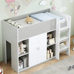 Lit mezzanine 90x200 cm - Lit simple avec échelle intégrée, placard pratique et rangements - Pin et MDF - Gris