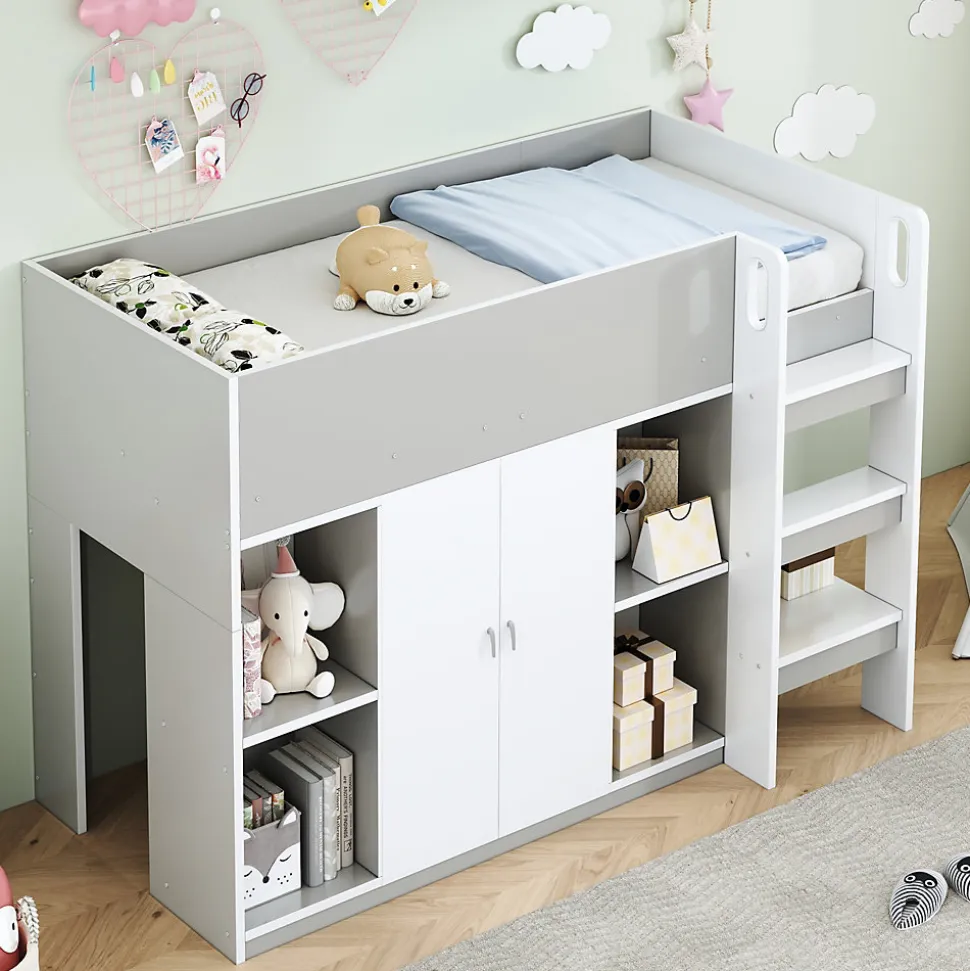 Lit mezzanine 90x200 cm - Lit simple avec échelle intégrée, placard pratique et rangements - Pin et MDF - Gris