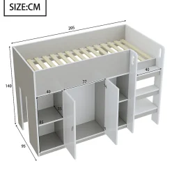 Lit mezzanine 90x200 cm - Lit simple avec échelle intégrée, placard pratique et rangements - Pin et MDF - Gris