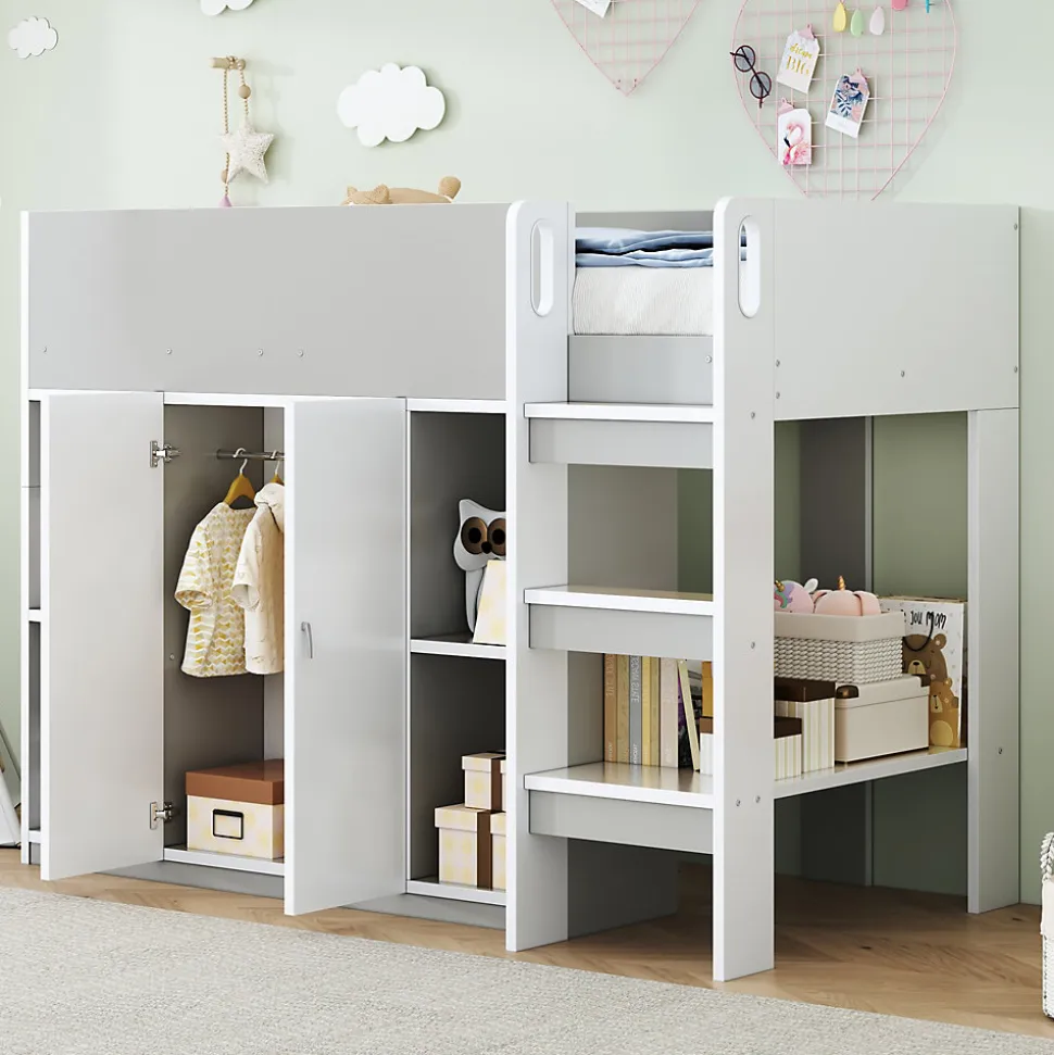 Lit mezzanine 90x200 cm - Lit simple avec échelle intégrée, placard pratique et rangements - Pin et MDF - Gris