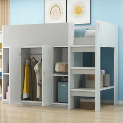 Lit mezzanine 90x200 cm - Lit simple avec échelle intégrée, placard pratique et rangements - Pin et MDF - Gris