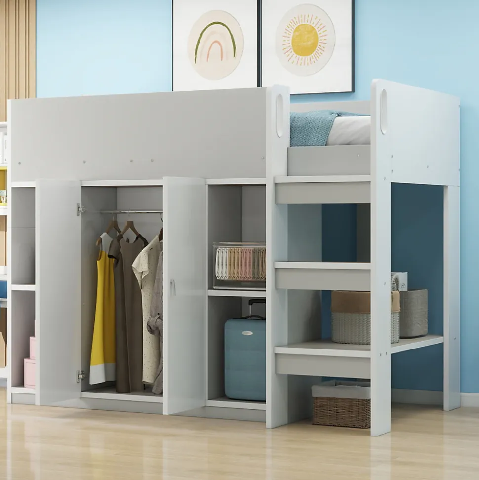 Lit mezzanine 90x200 cm - Lit simple avec échelle intégrée, placard pratique et rangements - Pin et MDF - Gris