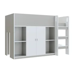 Lit mezzanine 90x200 cm - Lit simple avec échelle intégrée, placard pratique et rangements - Pin et MDF - Gris