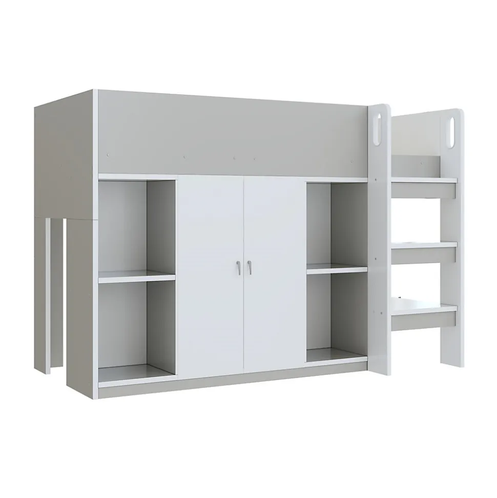 Lit mezzanine 90x200 cm - Lit simple avec échelle intégrée, placard pratique et rangements - Pin et MDF - Gris