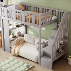 Lit mezzanine 90x200 cm - Lit simple avec échelle pratique, tiroirs de rangement intégrés et structure robuste - Pin et MDF - Gris